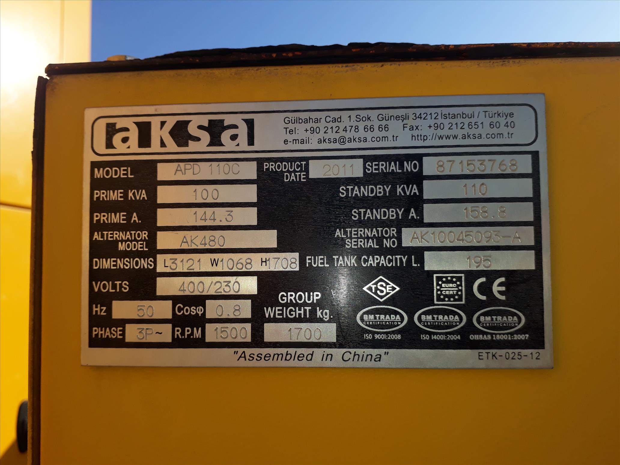 Aksa APD 110 C kVA, APD Cummins Motor, 2009 Model, 1.039 Saatte, Kabinli, Otomatik, Transfer Panosuz